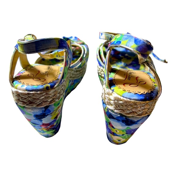 Poetic Licence Blue Silver "Arm Candy" Floral Watercolor Wedges Sandals size9.5” - Picture 4 of 10
